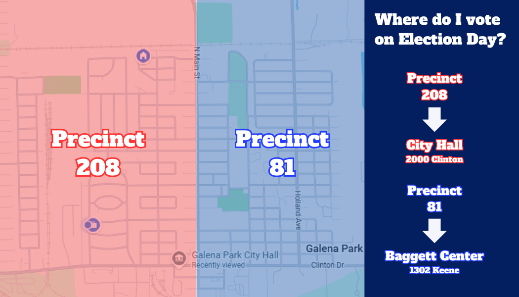 Where do I vote on Election Day? Precinct 208 City Hall; Precinct 81 Baggett Center